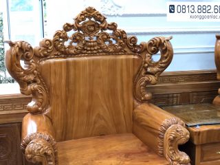Bộ bàn ghế Louis Hoàng Gia gỗ gõ đỏ nguyên khối (bác Tân - Quốc Oai) 51 Tựa ghế liền tấm, mặt ghế liền tấm đều chọn gỗ, chọn vân kỹ lưỡng