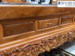 Bộ bàn ghế Louis Hoàng Gia gỗ gõ đỏ nguyên khối (bác Tân - Quốc Oai) 56 Hai bên bà trà tích hợp ngăn kéo chứa đồ tiện lợi, yến dày 3cm liền nguyên 1 tấm