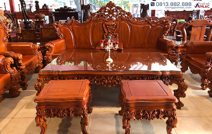 Bộ bàn ghế Hoàng Gia gỗ gõ đỏ tựa trợn vách liền tấm 10 món