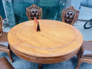 Mẫu bàn ăn tròn khung ván kết hợp 6 ghế louis có tay bọc đệm gỗ gõ đỏ (Anh Thông, Hà Nam) 10 bàn ăn tròn đường kính 1m37