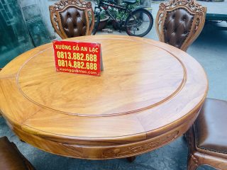 Mẫu bàn ăn tròn khung ván kết hợp 6 ghế louis có tay bọc đệm gỗ gõ đỏ (Anh Thông, Hà Nam) 11 mặt bàn khung tranh