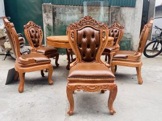 Mẫu bàn ăn tròn khung ván kết hợp 6 ghế louis có tay bọc đệm gỗ gõ đỏ (Anh Thông, Hà Nam) 13 ghế louis hoàng gia có tay
