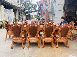 bàn ghế ăn gỗ gõ đỏ kết hợp đệm da