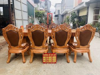 Bộ bàn ăn nguyên khối 8 ghế louis có tay bọc đệm gỗ gõ đỏ hàng siêu phẩm (Anh Thanh, Long Biên) 14 bàn ghế ăn gỗ gõ đỏ kết hợp đệm da