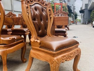 Bộ bàn ăn nguyên khối 8 ghế louis có tay bọc đệm gỗ gõ đỏ hàng siêu phẩm (Anh Thanh, Long Biên) 19 Chương ghế đục vòm hoa lá tây