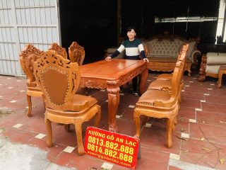 bàn ghế ăn gỗ hương đá bọc da