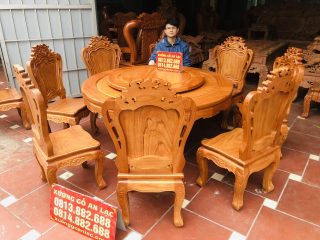 Bộ bàn ăn tròn xoay 1m47 kết hợp 8 ghế louis gỗ gõ đỏ (Chị Hằng, Nam Định) 11 bộ bàn ăn gỗ gõ đỏ
