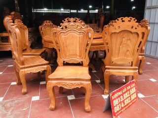 Bộ bàn ăn tròn xoay 1m47 kết hợp 8 ghế louis gỗ gõ đỏ (Chị Hằng, Nam Định) 14 bộ bàn ăn 8 ghế