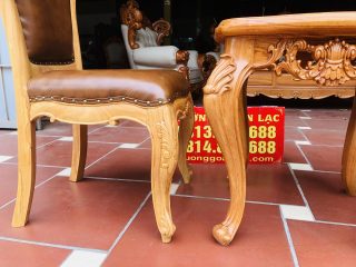 Bộ bàn trà ghế louis gỗ gõ đỏ bọc da bò thật nhập khẩu Italia siêu vip (Anh Tuấn, Huế) 14 chân ghế cong chạm lá tây
