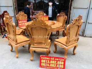 bàn ghế ăn tròn xoáy 1m37 8 ghế louis hoa lá tây gỗ gõ đỏ