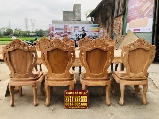 Bản mộc bàn ăn hoàng gia 8 ghế louis có tay gỗ gõ đỏ (Chị Ngọc, Hà Nam) 10 bộ bàn ghế gõ đỏ