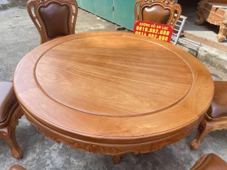 Bộ bàn ăn tròn 6 ghế louis hoàng gia bọc đệm da bò thật cao cấp (Anh Tình, Hà Nam) 10 bàn ăn tròn đường kinh 1m37