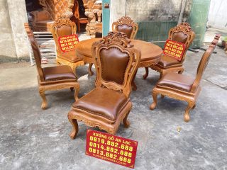 Bộ bàn ăn tròn 6 ghế louis hoàng gia bọc đệm da bò thật cao cấp (Anh Tình, Hà Nam) 13 bộ bàn ăn 6 ghế