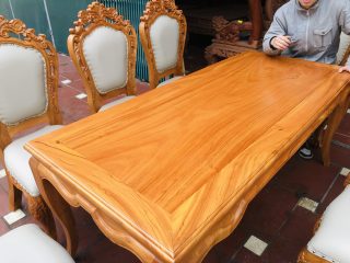 Bộ bàn ăn 8 ghế louis hoàng gia bọc đệm gỗ gõ đỏ cao cấp (Chị Lan Anh, Vĩnh Phúc) 16 mặt bàn gỗ gõ đỏ khuôn tranh