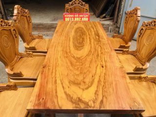 Bộ bàn ăn gỗ cẩm đá kết hợp 8 ghế louis gỗ gõ đỏ (Chị Thêm, Hưng Yên) 17 mặt bàn gỗ cẩm đá