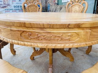 Bộ bàn tròn louis 6 ghế hồng hạt gỗ gõ đỏ cao cấp (Chị Bình, Lạng Sơn) 12 yếm bàn chạm hoa lá