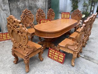 Mẫu bàn ăn bầu dục 8 ghế louis gỗ gõ đỏ cao cấp (Anh Hiếu, Hải Phòng) 11 trọn bộ 8 ghế ngồi louis
