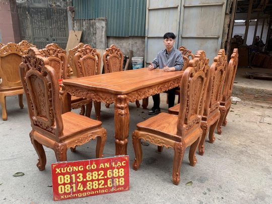 bàn ăn hoàng gia 8 ghế hồng hạt gỗ hương