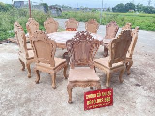 Mẫu bàn ăn tròn 12 ghế louis gỗ gõ đỏ hoàn thiện mộc (Cô Loan, Bắc Giang) 8 bộ bàn ghế ăn 12 ghế