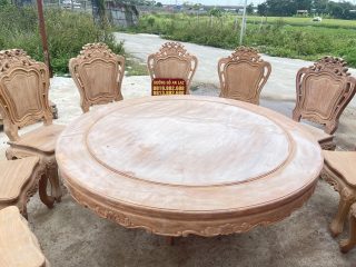 Mẫu bàn ăn tròn 12 ghế louis gỗ gõ đỏ hoàn thiện mộc (Cô Loan, Bắc Giang) 9 bàn ăn tròn đường kính 1m67