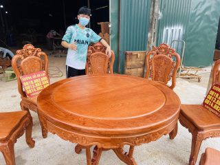 Mẫu bàn ăn tròn 8 ghế hồng hạt gỗ hương đá hàng vip (Anh Tiến, Hoàng Mai) 11 bàn ghế ăn gỗ hương đá
