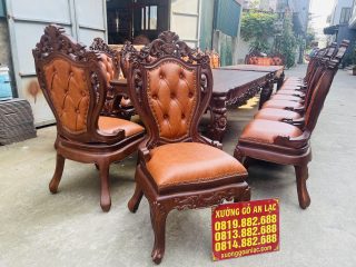 Siêu phẩm 2 bàn ăn hoàng gia 24 ghế louis bọc đệm gỗ gõ đỏ cực vip (Anh Đông, Hải Phòng) 29 lưng tựa bọc da căng trám