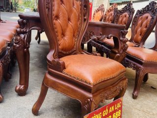 Siêu phẩm bàn ăn hoàng gia 12 ghế louis bọc đệm gỗ gõ đỏ cao cấp (Chị Hương, Phú Thọ) 27 ghế ăn lưng cao có tay