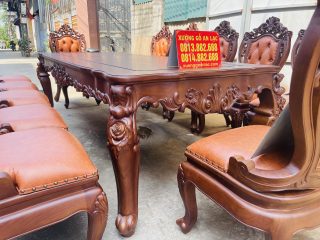 Siêu phẩm bàn ăn hoàng gia 12 ghế louis bọc đệm gỗ gõ đỏ cao cấp (Chị Hương, Phú Thọ) 22 hệ yếm bàn vén hoa lá tây
