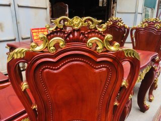 Siêu phẩm bàn ăn hoàng gia 1m8x90 6 ghế louis gỗ gõ đỏ dát vàng (Anh Thuận, Vĩnh Phúc) 20 chương ghế tạo hình lá tây