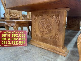 Siêu phẩm bàn ăn nguyên khối 3m55cm kết hợp 10 ghế louis gỗ gõ đỏ (Chú Nhẫn, Hưng Yên) 11 chân bàn nguyên khối chạm hoa lá tây