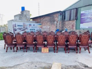 bộ bàn ăn gỗ gõ đỏ bọc đệm da