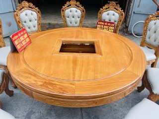 Mẫu bàn tròn xoay 10 ghế louis bọc đệm gỗ gõ đỏ siêu vip (Anh Mạnh, Hải Dương) 15 bàn ăn tròn đường kính 1m6