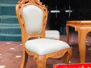 Bộ bàn ăn louis 6 ghế hoàng gia bọc đệm cao cấp (Anh Tuyên, Đà Nẵng) 17 ghế lưng cao không tay khung gỗ đục hoa lá tây
