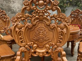 Bộ bàn ăn tròn 6 ghế louis gỗ gõ đỏ siêu vip (Chú Mạnh, Thái Bình) 12 lưng ghế louis hoàng gia