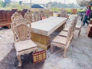 Bản mộc bàn ăn nguyên khối dày 15cm kết hợp 10 ghế hồng hạt đục 2 mặt gỗ gõ đỏ siêu vip (Anh Việt, Hà Nam) 13 bộ bàn ghế ăn phong cách hoàng gia