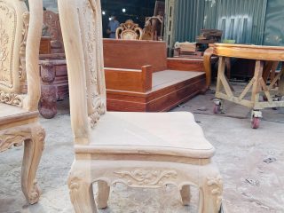 Bản mộc bàn ăn nguyên khối dày 15cm kết hợp 10 ghế hồng hạt đục 2 mặt gỗ gõ đỏ siêu vip (Anh Việt, Hà Nam) 19 ghế ăn louis lưng cao không tay